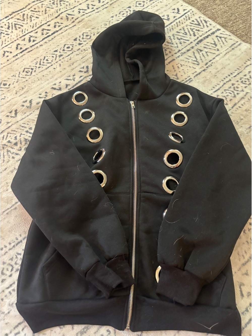 Black Zip-Up Hoodie with Decorative Metal Eyelets, Size Small